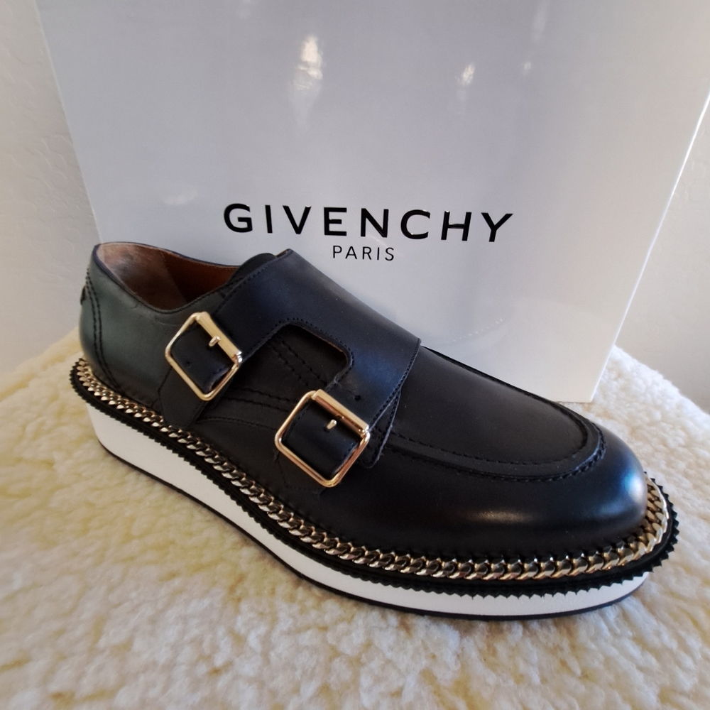 Givenchy Black Leather Monk Strap Derby with Gold Buckles